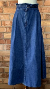 Women's (M) Ruffle High Waist Pleated Long A-Line Skirt, Blue Denim - Picture 1 of 7