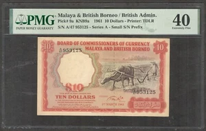 Malaya & British Borneo 10 Dollars Buffalo Small S/N Prefix P-9a 1961 PMG 40 EF - Picture 1 of 2