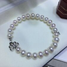 AAAA 8-9mm Natural Authentic Round South Sea White Pearl Bracelet 925 Silver