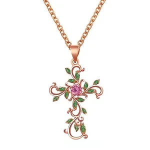 Cross Necklace for Women Charm Rose Gold Copper ChristmasTree Cross Pendant - Picture 1 of 6