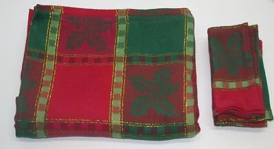 (1) Tablecloth 60" x 96" & (4) Pc Napkin Set 17" x 17" Christmas Holly Red Green - Image 1 of 2