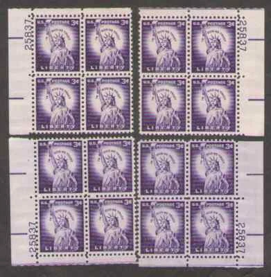 US. 1035. 3c. Statue of Liberty, 4 Position Matched PB4 #25837. MNH. 1966 - Image 1 of 2