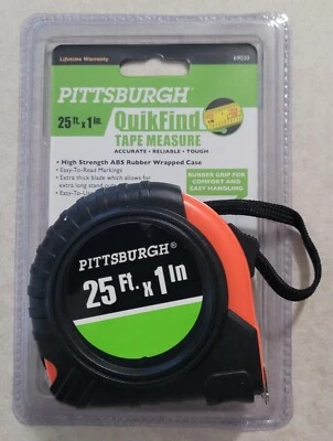 PITTSBURGH 25 FT X 1 IN QUICK FIND TAPE MEASURE TOUGH ACCURATE RUBBER CASE - Image 1 of 4