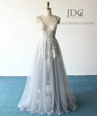 Floral Lace Wedding Dress Bridal Gown Custom made 6-28W Plus size Dusty Blue - Image 1 of 4