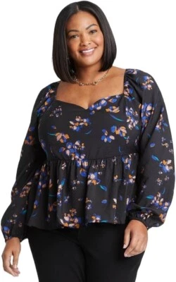 Blusa Ava & Viv - Preta Floral Plus Size Manga Longa Querida Peplum - tamanho 3X-nova - Imagem 1 de 4