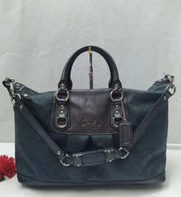 Coach Ashley Signature Dark Blue Canvas Black Leather Trim Satchel Shoulder Bag - Image 1 of 4
