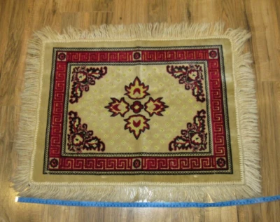 Woven Tapestry Rug Wall Hanging 25"x 30" Red & Beige Floral & Key Pattern - Image 1 of 4