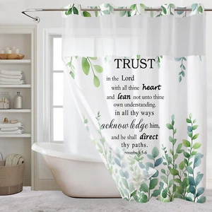 No Hook Shower Curtain and Liner Set Bible Verse Green Eucalyptus Shower Curtain - Picture 1 of 7