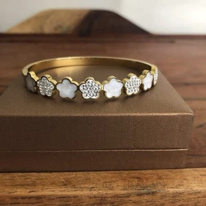 Gold Plated Five-Petal Flower Bangle Stainless Steel Stimulate Diamond Bracelet - Picture 1 of 15