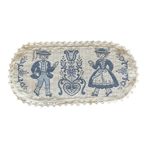 Vintage Austrian Tiroler Folk Art Design Blue & Cream Table Linen Doily 13.25” - Picture 1 of 12
