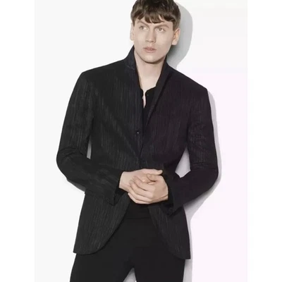 John Varvatos Black Abstract Striped Blazer Jacket Coat Wool Cotton Size 46 - Image 1 of 4