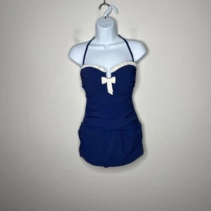 Profile One Piece Swimsuit Womens 8 Blue White Ruched Ruffle Trim Cottagecore - Picture 1 of 11