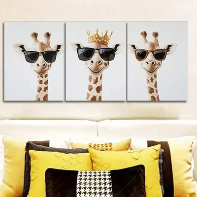 3pcs Three Cool Giraffes With A Royal Crown Metal Print Ready to Hang Art - Image 1 of 4