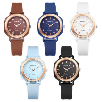 Reloj pulsera de cuarzo analógico redondo con correa de silicona suave informal impermeable para mujer Foto 1 de 4