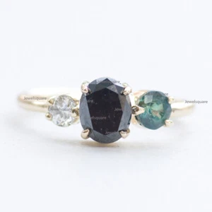 Real Emerald Gemstone Ring Black Diamond Solid 14k Yellow Gold Handmade Jewelry - Picture 1 of 2