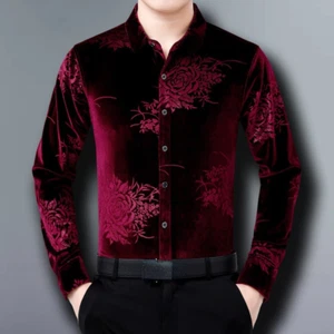 Men Floral Velvet Blouse Shirt Slim Casual Business Work Office Wedding Party - Picture 1 of 11