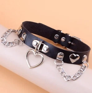 Gothic Black Heart Choker with Silver Chains - Punk Rock Spiked Collar Necklace - Picture 1 of 2