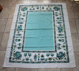 Vintage Tischdecke - blau und grün niederländisches Design mit Bauernhof blau Mitte 52"x64" - Bild 1 von 5