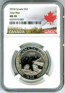 2018 $2 CANADA 1/2OZ .9999 SILVER NGC MS70 POLAR BEAR - Picture 1 of 3