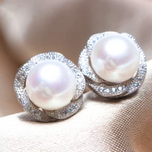 Fashion Stud Earring Women 925 Silver Filled Jewelry Cubic Zircon & Pearl A Pair - Bild 1 von 5