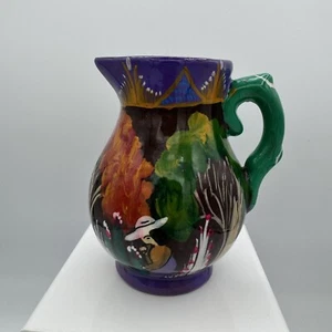 Vintage Mexican Terra Cotta Pottery Pitcher Vase Hand Painted Workers Cactus - Picture 1 of 7