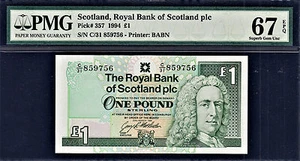 Schottland 1994 One Pound Without Watermark Pick-357 SUPERB GEM UNC PMG 67 EPQ - Bild 1 von 2