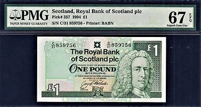 Scotland 1994 One Pound Without Watermark Pick-357 SUPERB GEM UNC PMG 67 EPQ - Image 1 of 2