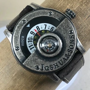 Joshua & Sons Men JX116SSBR Traveler Compass Black Leather Quartz 43mm Watch 7" - Picture 1 of 12
