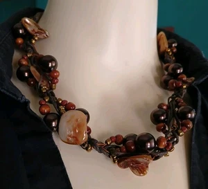 Women's Vintage Necklace Abalone Hemp Cordage Deep Brown Tones - Picture 1 of 14