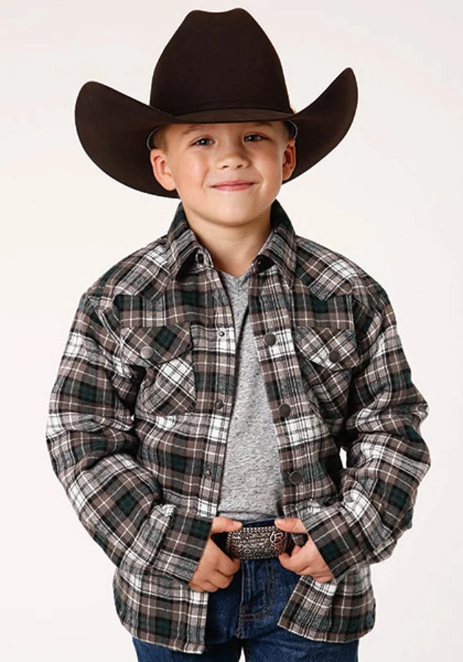 Camisa L/S Roper Youth Boys 1316 Sherpa Forrada a Cuadros Tostado/Gris 100% Algodón Foto 1 de 1