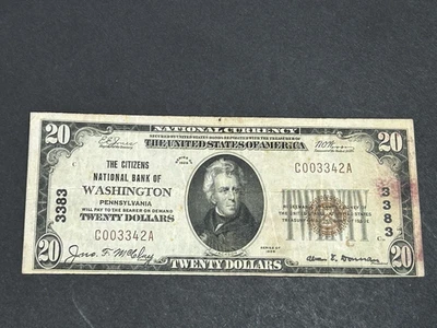 1929 $20 National Currency Note **WASINGTON, Pennsylvania** US Bill LOW Shipping - Image 1 of 2
