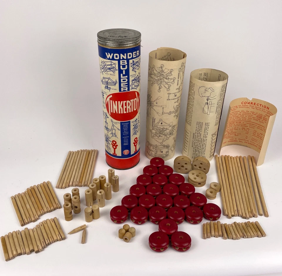 '40s TinkerToy Wonder Builder Set Red Spools PLUS Orig Literature ~115 pieces - Image 1 of 4