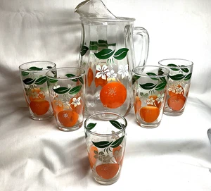 1950 Set Bartlett Collins Saftkrug / 5 Gläser Orangen weiße Blumen 573 - Bild 1 von 8