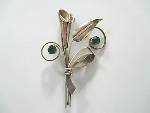 TRUART ° SILBER DESIGN BROSCHE ° 925 ° Vintage ° Bkumendekor ° Grüne Steine ° - Picture 1 of 12