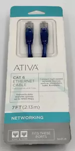 ATIVA CAT 6 Ethernet Cable 7 FT 1000 Mbps Blue Includes Two Male RJ45 Plugs- New - Picture 1 of 7