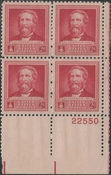 Plate Block of 4 stamps - Scott 875 - 2 cent - Dr. Crawford W. Long - 1940 - MNH - Image 1 of 1