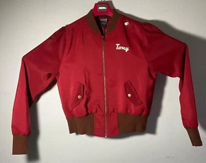 Stark Industries Red Bomber Jacket With Logo & Tony Print Brown Ribbed Trim Ligh - Picture 1 of 3