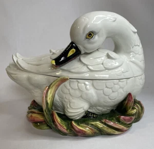 VTG Italian Majolica WHITE SWAN Tureen Complete Orig Set 13" Water Fowl Bird - Picture 1 of 12