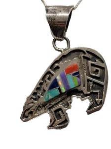 "Collar colgante de múltiples piedras preciosas firmado por oso navajo plata esterlina 1,75" - Imagen 1 de 5