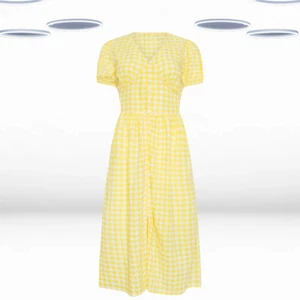 Ex Women’s Petite Size Gingham Print Button Through Midi Dress -Yellow (Defect) - Picture 1 of 4