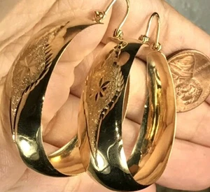 GOLd 14k Hoop earring solid thick wide Round diamond cut 52x42mm 2” Big large - Picture 1 of 13