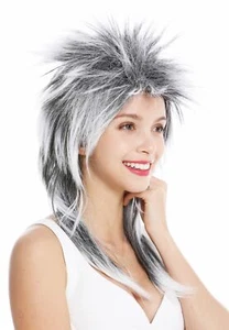 Perücke Karneval Punk Vokuhila Rocker wild 80s Wave toupiert lang schwarz weiß - Bild 1 von 4
