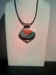 Silver 925 Beautiful Green Reddish Stone Charm on Leather Necklace - Picture 1 of 11