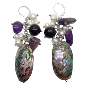 White Freshwater Pearl Amethyst Abalone Shell Silver Leverback Earrings - Picture 1 of 4