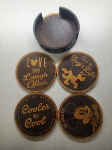 NEW! Disney Mickey Mouse Wooden 4 Coaster Set Woodburned Designs & Wooden Holder - Picture 1 of 3