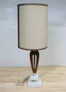 Nice Original 1960's Vintage MCM 16" Table Desk Lamp & Shade Teak Modern Brass - Picture 1 of 12