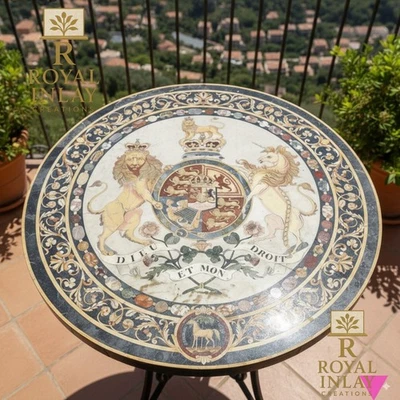 Tampo de mesa de mármore incrustado brasão real leão unicórnio Pietra Dura pedra arte 30" - Imagem 1 de 4