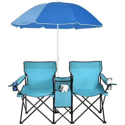 Silla Doble Plegable Portátil de Picnic con Sombrilla Mesa Enfriador Playa Camping Foto 1 de 4