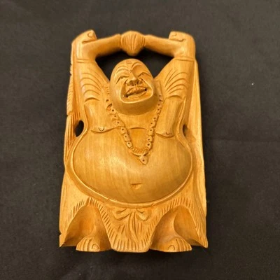 Sandalwood Hand Carved Happy Laughing Buddha Hands Up Statue-Figirine - Image 1 of 4