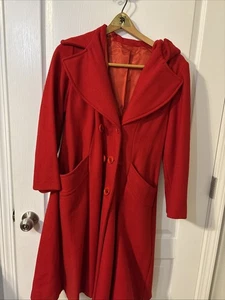 VTG Sears Fashions Red Wool  Blend Jacket Trench Coat With Hood - Picture 1 of 15